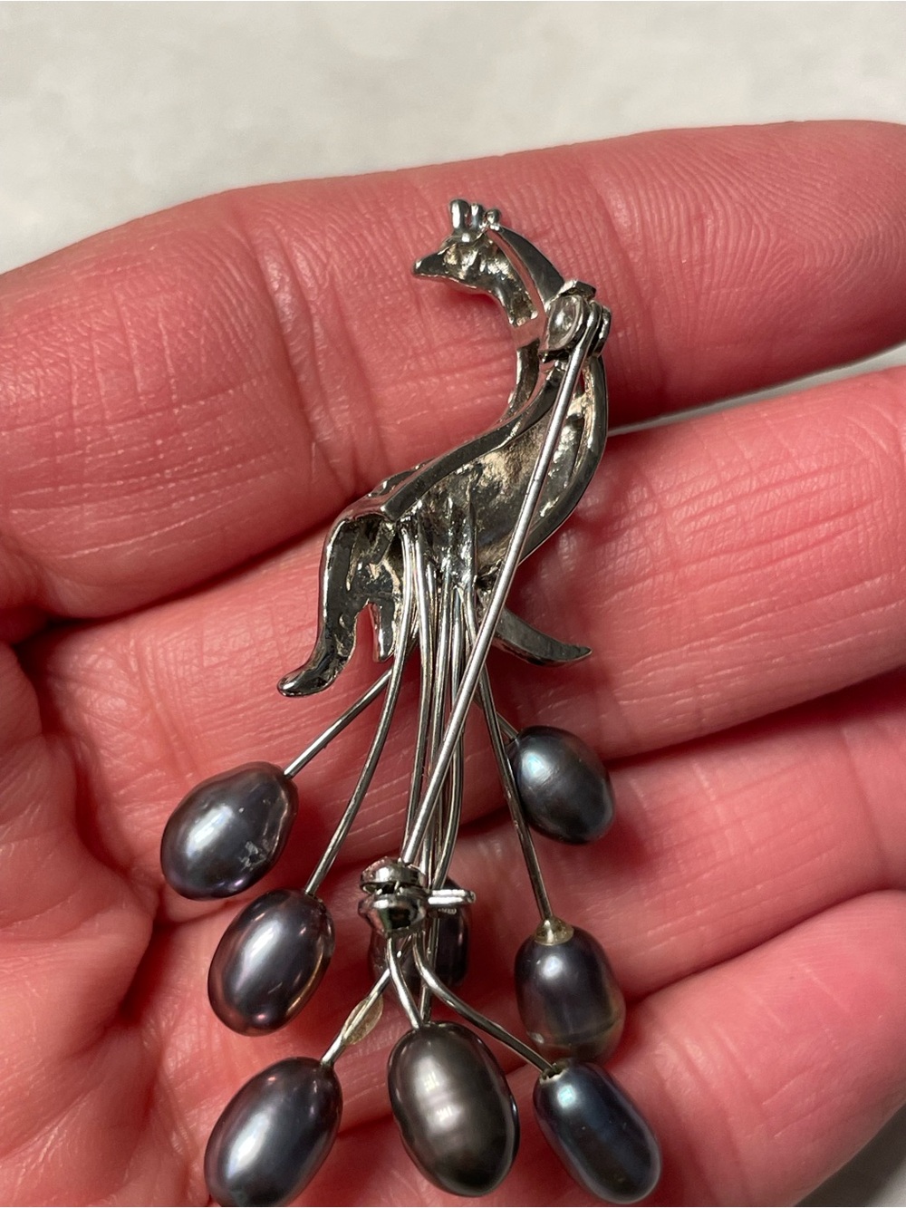 Silver Peacock Brooch with Real Black Pearl Dangles - Picture 2 of 2